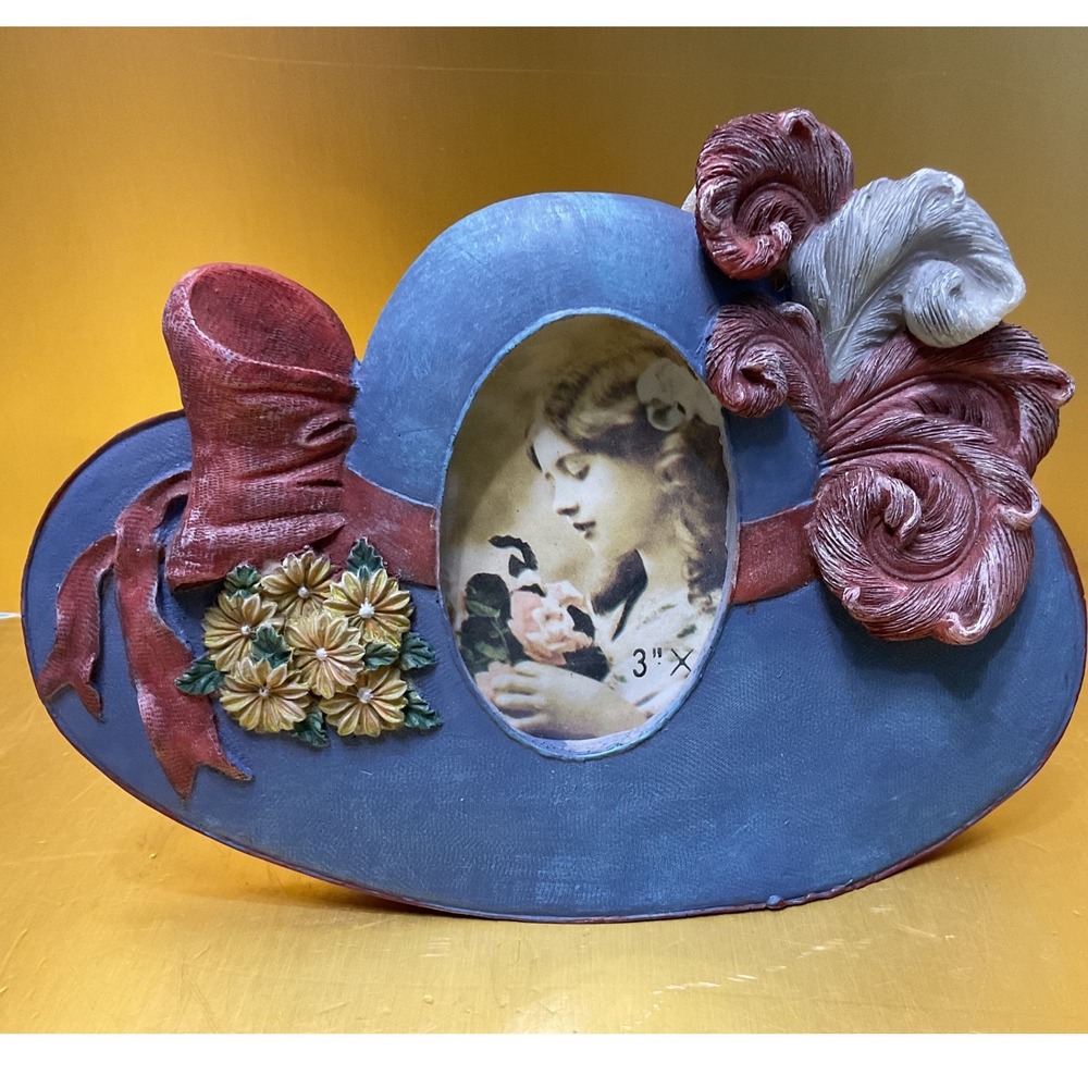 Vintage Style Blue Sun Hat Picture Frame Resin Victorian Floral Decor 3x2 Photo